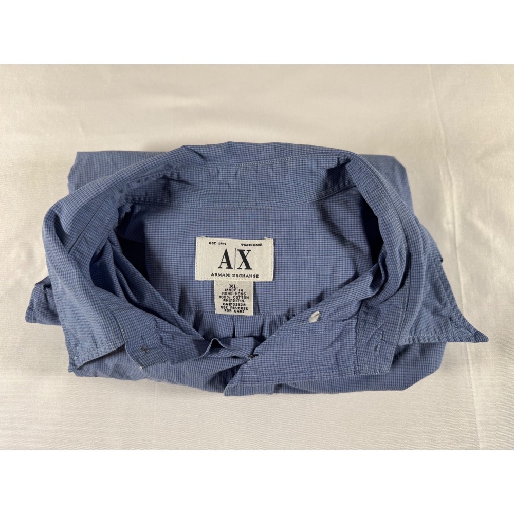 Armani Exchange AX Mens XL Blue Micro Check Cotton Button Down Shirt Long Sleeve